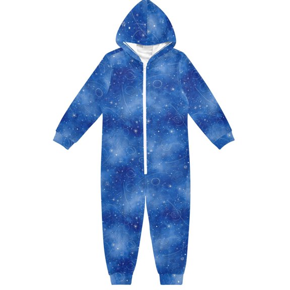 Soft Big Kids Onesie Pajamas Cozy Loose-Fit Jumpsuits for kids with Pockets for Christmas Lounge & Play Watercolor Blue Space Pattern