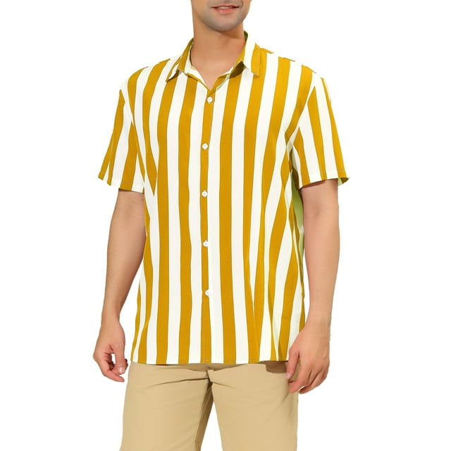 INSPIRE CHIC Mens Stripe Shirt Short Sleeved Color Block Button Down Beach Shirt XL Yellow