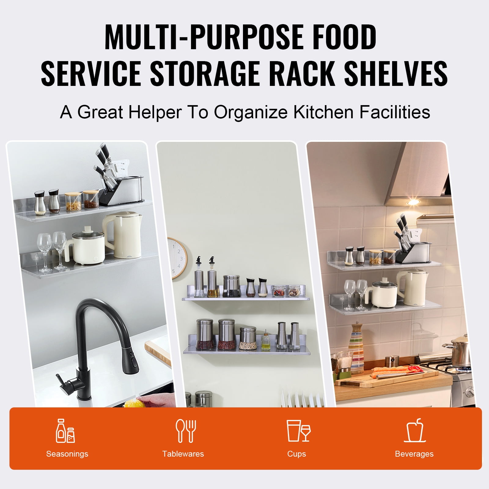 KFFKFF 8.6" x 30" Stainless Steel Wall Shelf, Floating Shelf with Backsplash, 44 lbs Load Capacity, Durable Storage Rack for Kitchens, Restaurants, Bars, Homes, and Hotels