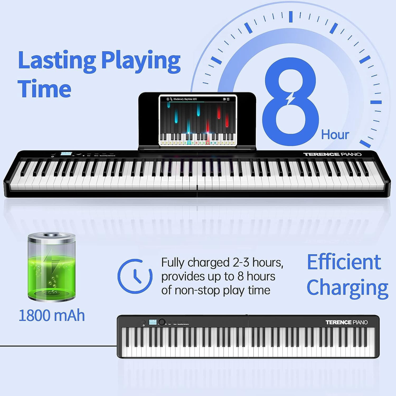 Terence Folding Piano Keyboard, 88 Keys Full Size Semi-Weighted Foldable Piano, Support MIDI USB Interface Bluetooth Portable Piano with for Beginners Kids