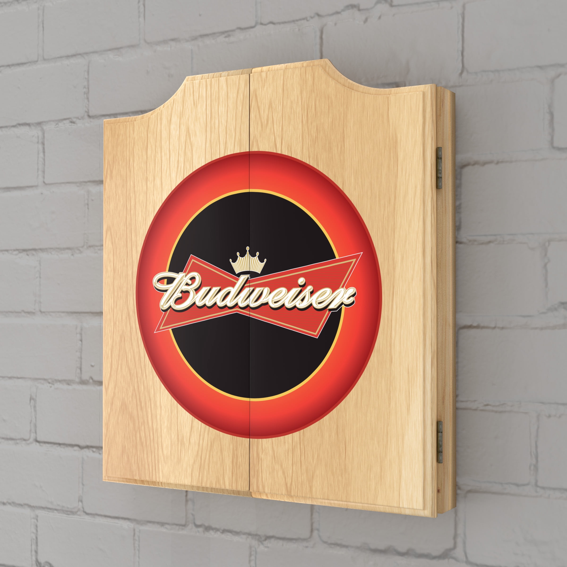 Budweiser Bowtie Dart Board Cabinet Set with 6 Steel Tip Darts