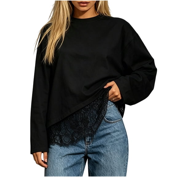 Zpanxa Womens Crewneck Sweatshirt Lace Hem Loose Fit Casual Solid Color Long Sleeve Pullover for Winter
