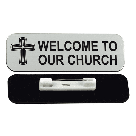 Welcome To Our Church, Cross Design, 1 x 3" Name Tag/Badge, Silver (3 Pack)