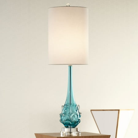 Clear Glass Table Lamps For Living Room Possini Euro Design Coastal Table Lamp Clear Teal Blue Glass Swirl Off White Tall Drum Shade for Living Room Family Bedroom ()