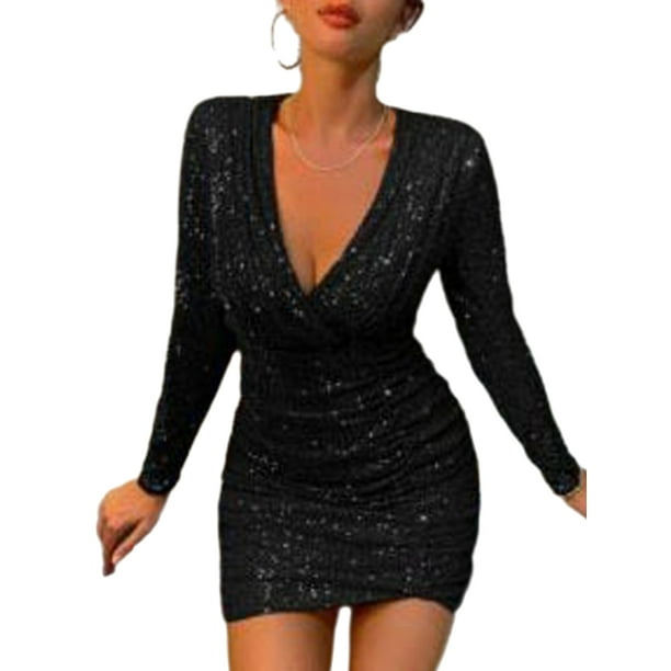 Glookwis Ladies Sequins Mini Dress V Neck Tight Wrap Sexy Long Sleeve Party  Club Slim Fit Tummy Control Dresses Black XL 