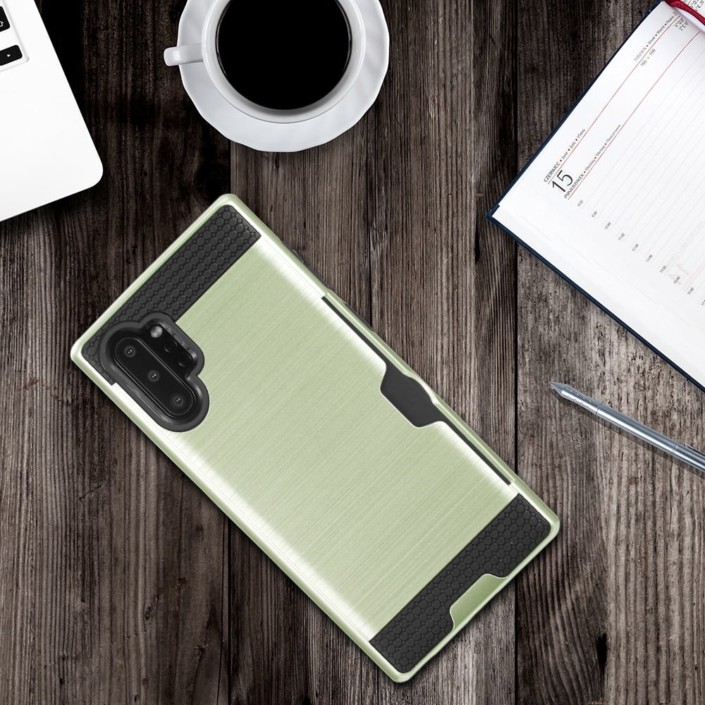 Rugged Hybrid Case Designed for Galaxy Note 10+/10+ 5G (2019) With Credit Card Slot And Rotating Ring Holder (Gold)