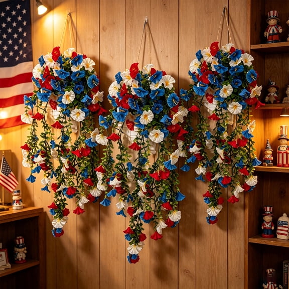 Miwamany Red White and Blue Morning Glories, Hanging Independence Day Decorations, Artificial Silk Floral Swag for Front Porch Living Room Wall Home