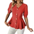 thumbnail image 3 of Ashirexll Tops for Women Trendy Fashion Casual Solid Color V-Neck Buttoned Short Sleeve Top for Spring, 3 of 7