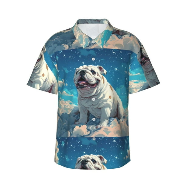 Balery Starry Sky Cloud Bulldog Camisas hawaianas de manga corta para hombre, camisas playeras de corte holgado, camisas de vacaciones con botones,Medium
