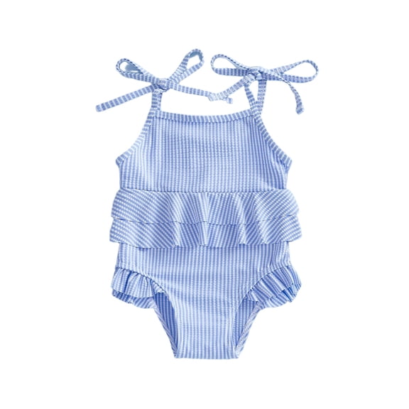Rggeeun Kids Girls Swimwear O-Neck Sleeveless Bow Strap Cute Floral Lace Trim Breathable Lightweight For Toddlers And Kids Swimming Activity,Blue,6-12 Months