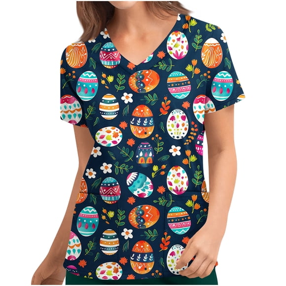 Tnhcen "Women's Easter Print V-neck Short Sleeve Scrubs - Nurse Uniform Tops with Two Large Pockets | Workwear (S-2XL)"