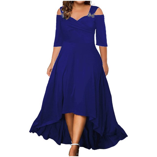Robes Grande Taille pour Femmes Col en V Épaules Dénudées Manches Mi-Longues Robe Longue Décontractée en Liquidation