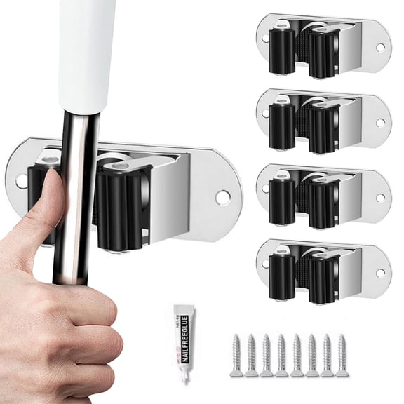4Pcs Mop Broom Holde, Mop Broom Organizer Wall Mounted Heavy Duty, Stainless Steel for Bathroom, Kitchen, Office, Home Garden, Garage Storage (Silver)
