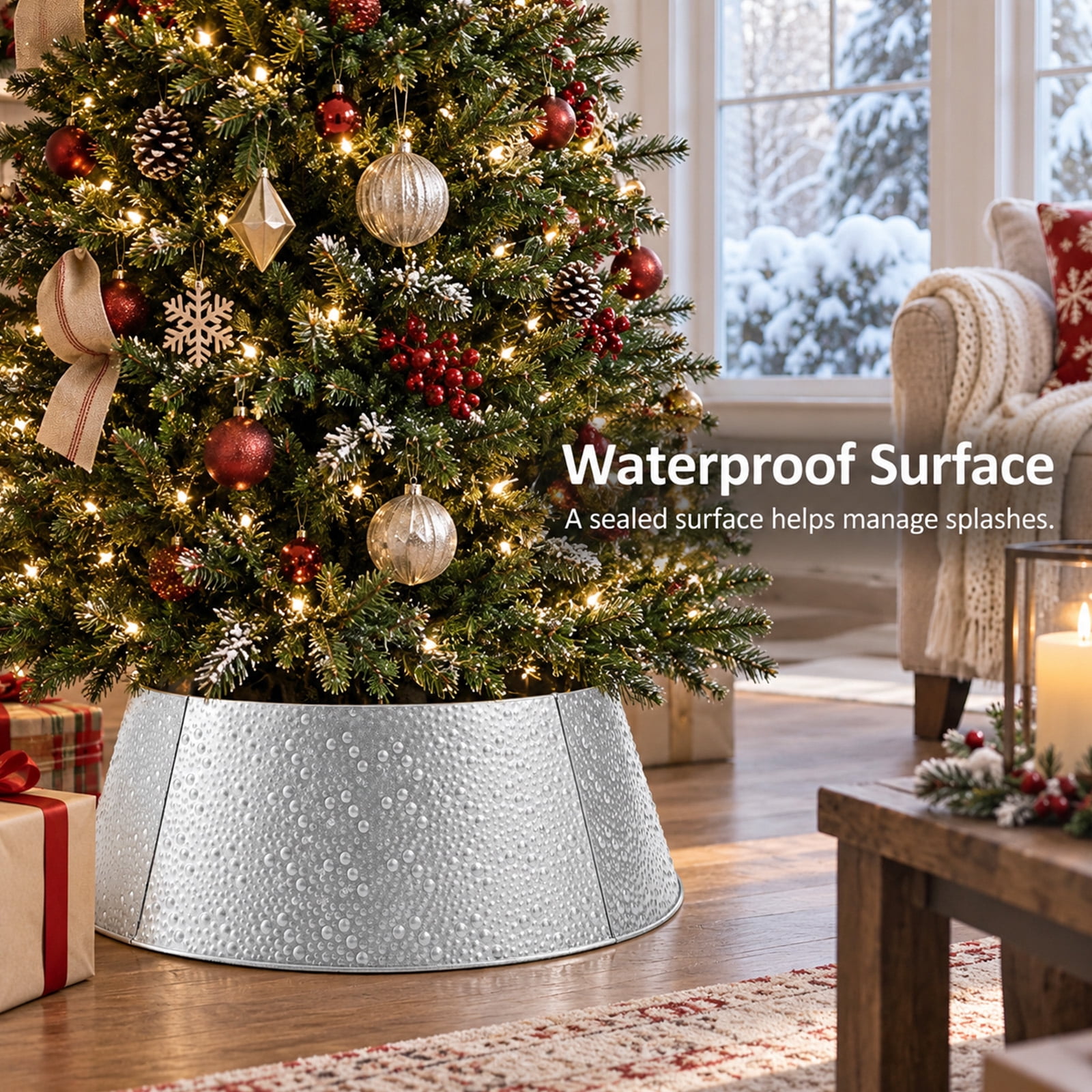 Alvantor Metal Christmas Tree Collar, Waterproof Cover, Silver, 26.57 x 22.05 x 9.45 In