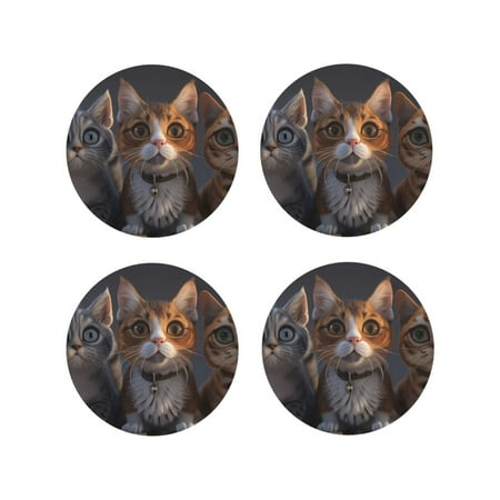 

Coasters Set of 4 - Wide Eyed Cartoon Cats Drink Coasters for Tabletop Protection Leather Coasters for Living Room Decor and Housewarming Gift Round Shape