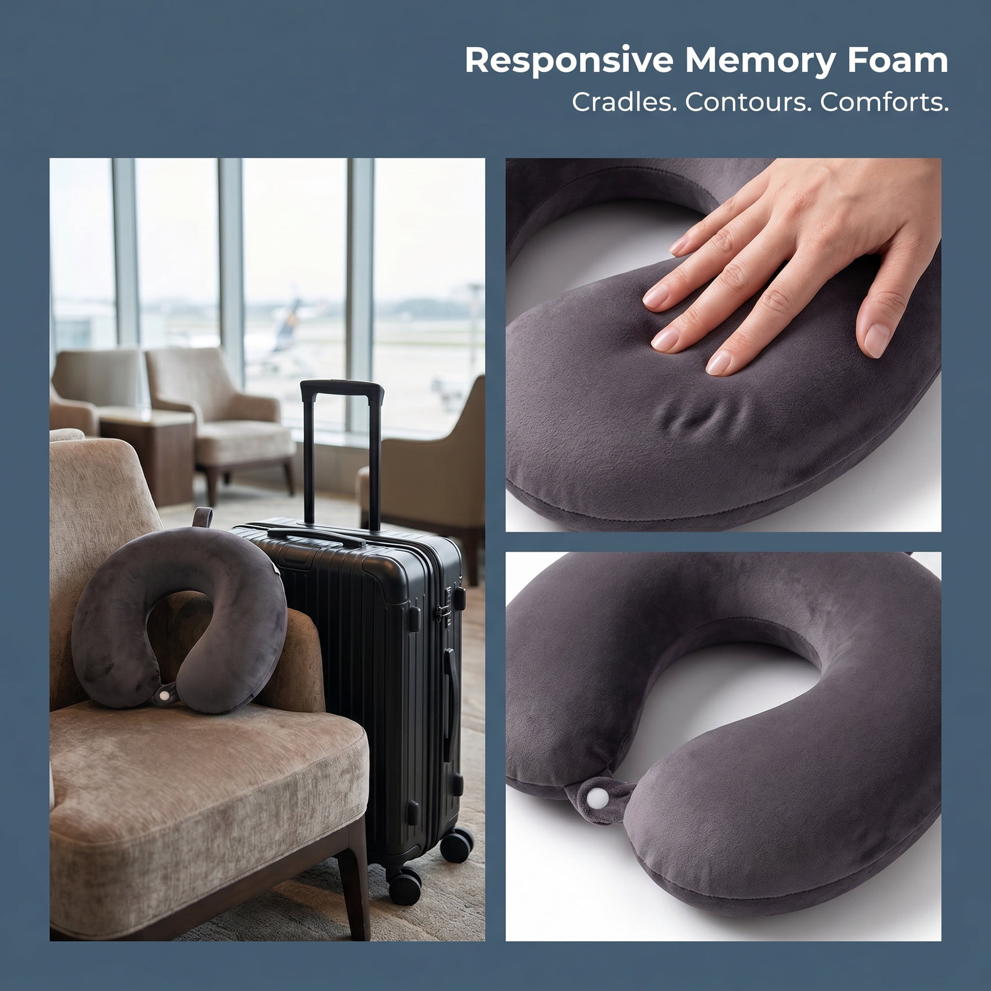 Unique Bargains Memory Foam Travel U Shape Neck Pillow Snap Closure Smoky Gray 12"x12"x4"