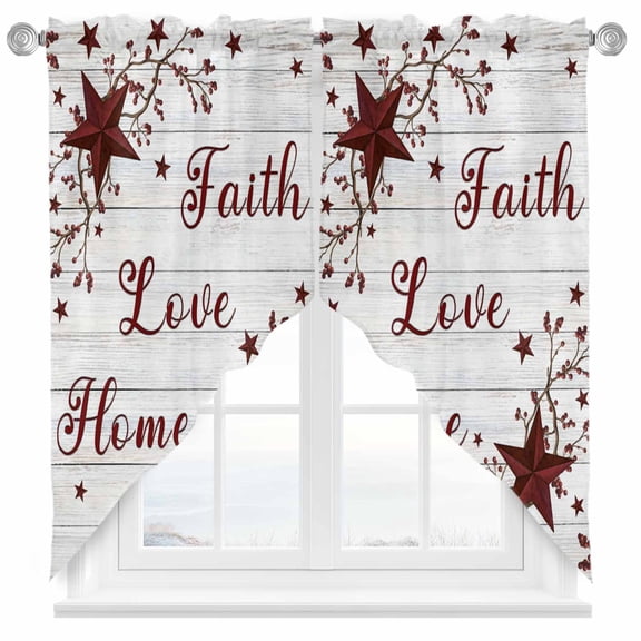 Swag Curtain Valances Red Barn Star Berry Swag Valances for Kitchen Windows Wood Faith Love Home Short Topper Curtains Valance Tier Pair for Kitchen Bedroom Living Room Bathroom 28"x36"