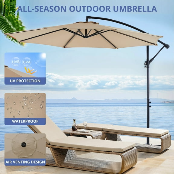 Bigleap 10ft Offset Umbrella Cantilever Patio Hanging Umbrella Outdoor Market Umbrella with Crank & Cross Base Suitable for Garden, Lawn, backyard and Deck,Khaki