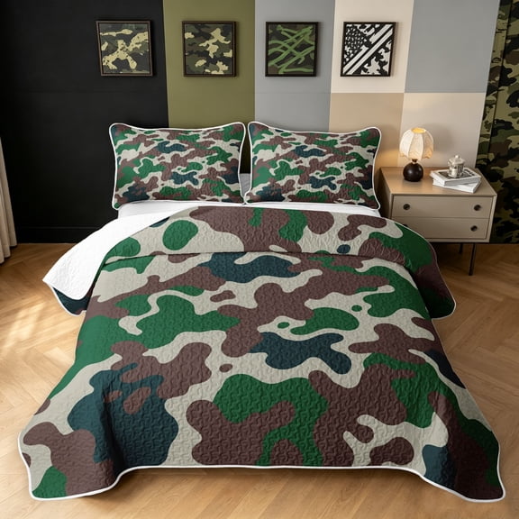 Manfei Farmhouse Camouflage Twin Quilt Set, Contemporary Art Camo Twin Coverlet Set, Forest Green, 2-Piece, 1 Bedspread and 1 Pillowcase
