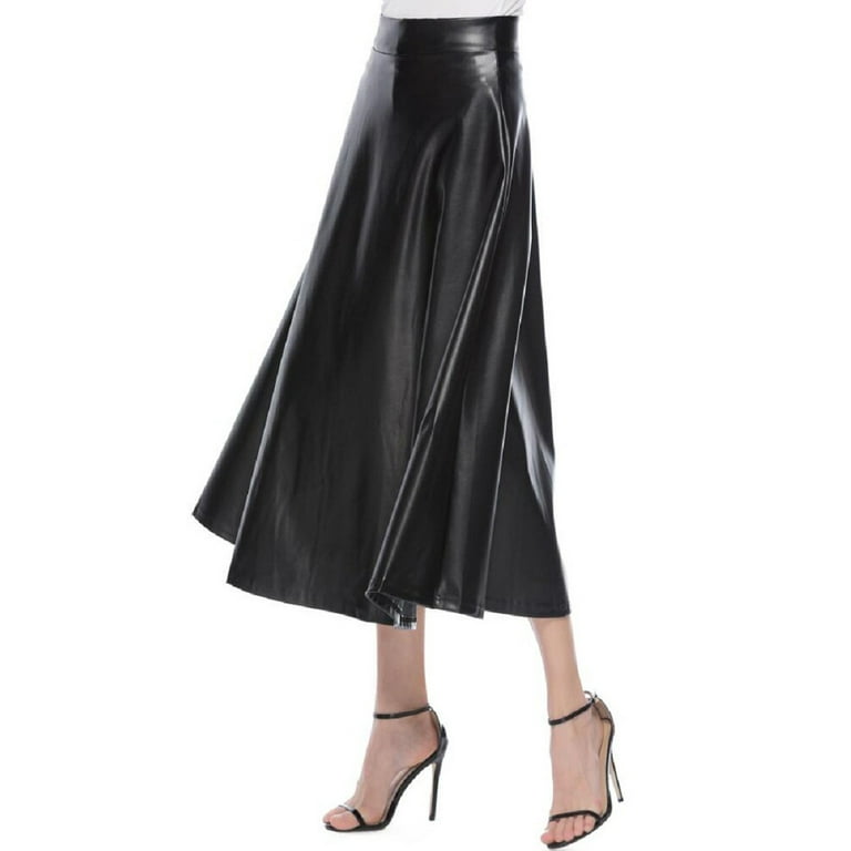 Kcocoo Womens Solid Color High Waist Faux Leather Skirt A Line