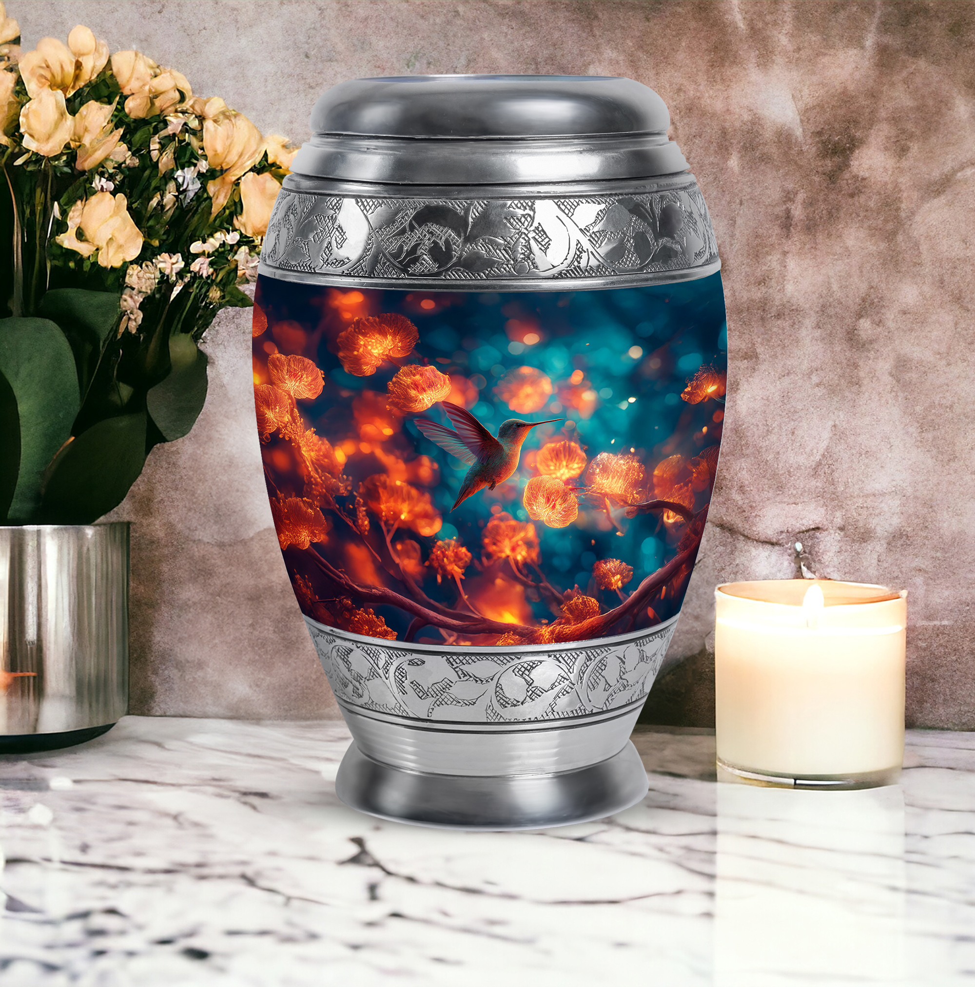 Humming Bird Keepsake Flowers Urn For Ashes Adult Female, 1 Large Cremation Urns For Male, Little Urns For Human Ashes Set Of 4, Blue Urn For Mother, 10&3 Inch