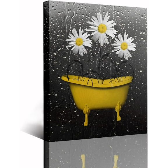 Farmhouse Wall Art Flowers Decor, Rustic Country Bathroom Wall Art White Daisy Flowers In Yellow Bathtub Vintage Bathroom Pictures for Wall Framed Canvas Wall Prints