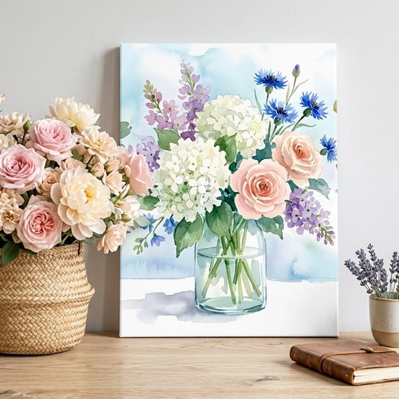 Canvas Wall Art Hydrangea Flowers Lavender Rose Canvas Art Print Bouquet Farmhouse Pictures Wall Decor for Living Room Bedroom Artwork Decorations Stretched Framed Ready to Hang 8"x10"