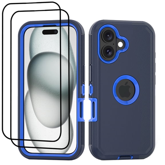 Hotpom Phone Case for iPhone 16 Heavy Duty Shockproof Dustproof Case with Screen Protector tempered glass, Dark Blue/ Blue