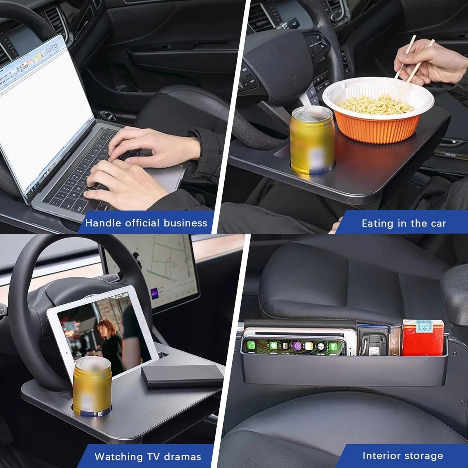 ZZERHUOO Two In One Steering Wheel Tray Food And Beverage Rack Seat Storage Black Car Leather Foam Car Interior Leather Car Pendant Interior Rearview Charms Hanging Ornament Light Car Mats Automotive