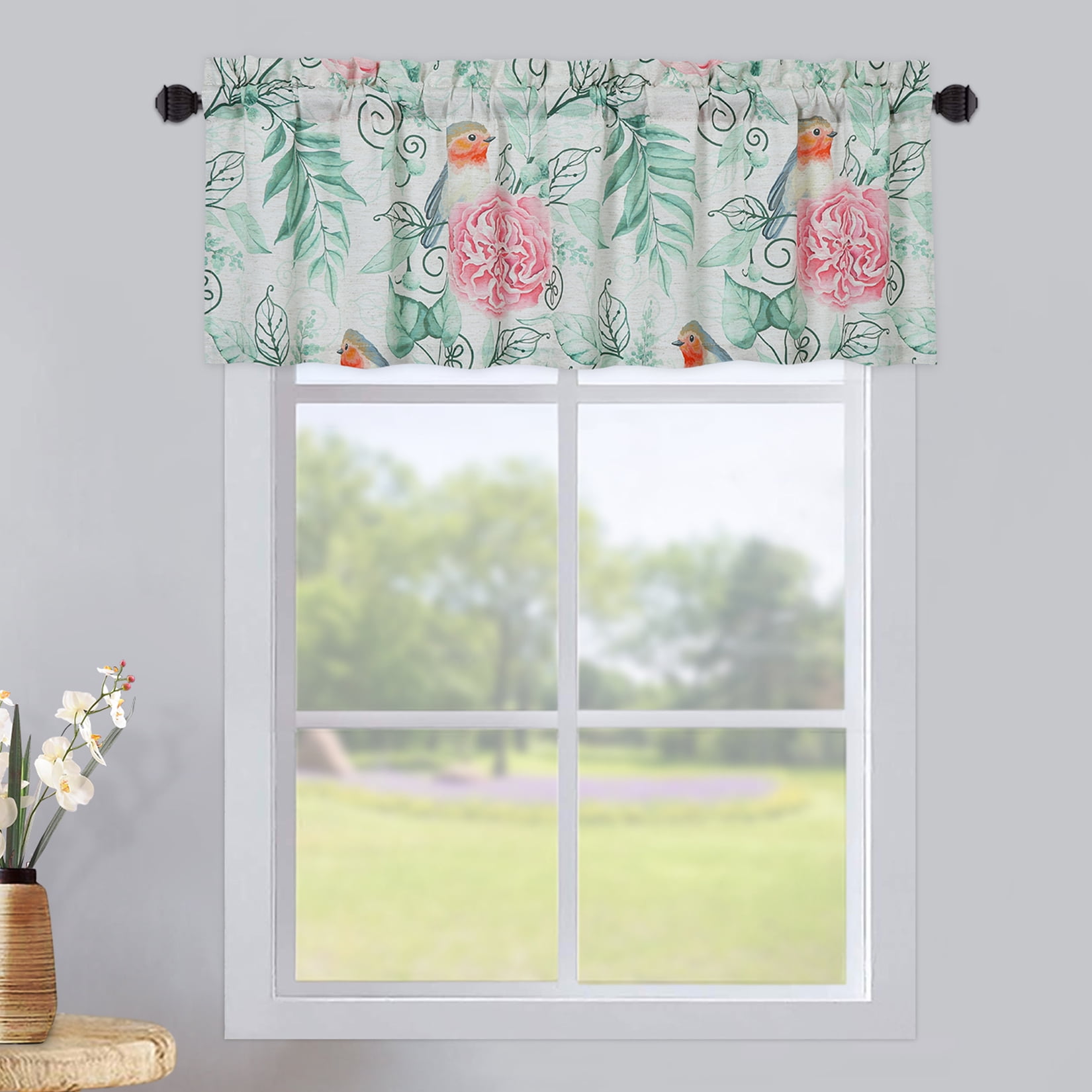 CAROMIO Kitchen Curtains Valances Floral Linen Blend Fabric, Bird and Leaves Small Window