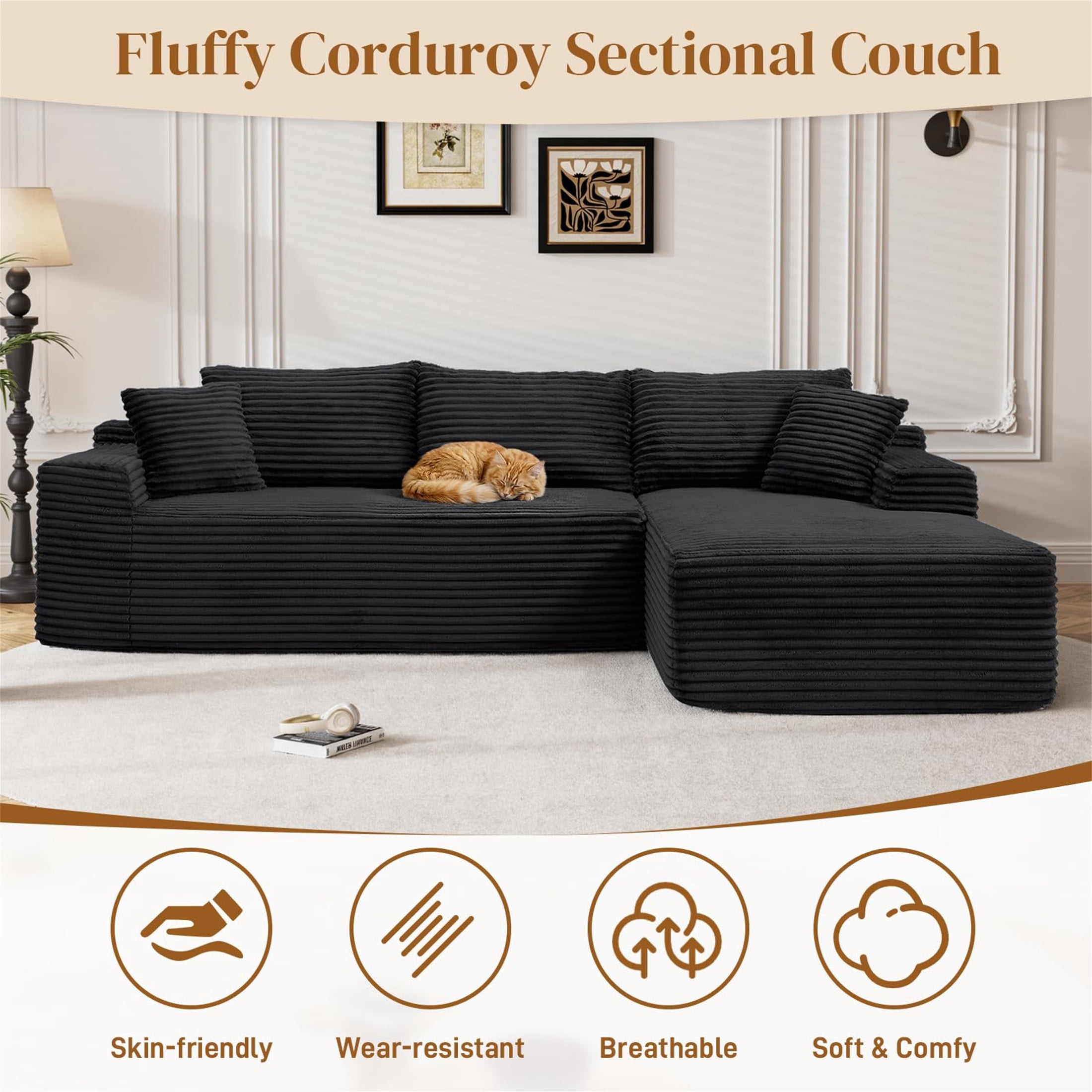 Aukfa 96" Cloud Sectional Sofa Deep Seat Boneless Couch Modular L-Shaped Couch, Right Chaise Corduroy Sofa for Living Room, Black