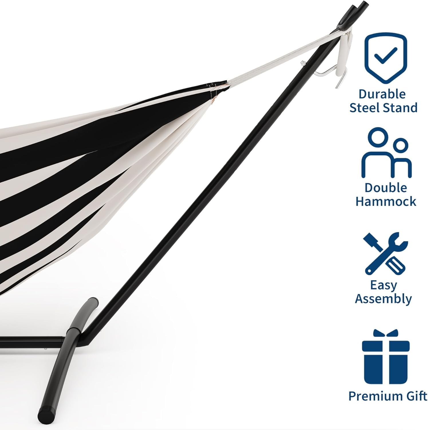 Double Hammock with Stand - Heavy Duty 450lbs Capacity, Portable Cotton Hammock for Two Adults, Indoor & Outdoor Use with Travel Bag, Black&White Stripe Pattern