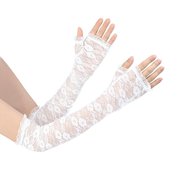 Protección UV Mangas de brazo de encaje fino Protector solar para exteriores Guantes con agujero para pulgar para mujer blanco Short
