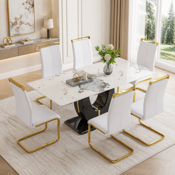 JUFU 71" Luxury White Marble Dining Table Set for 6, Modern Dining Table with 6 White PU Leather Chairs and Gold Metal Legs, Elegant Dining Room Table Set for Kitchen and Dining Room