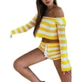 thumbnail image 4 of KOMOO Women Two Pieces Knitted Shorts Set Solid Color Stripe Long Sleeve Crop Tops High Waist Short Sets Knit Outfits, 4 of 7