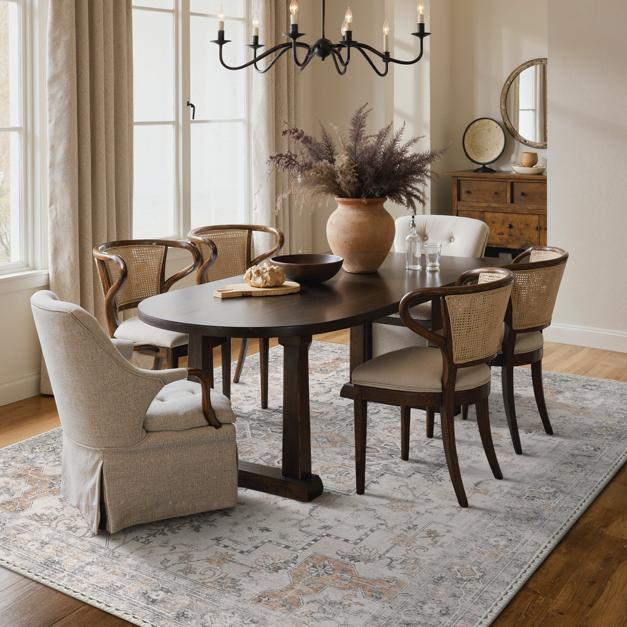 KUETH Modern Area Rug 8x10, Machine Washable Rugs for Living Room, Non Slip Carpet Printed, Low Pile, Light Taupe Brown