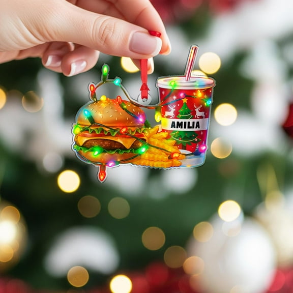 Personalized Burger Fries Drink Acrylic Christmas Ornament with Lights Custom Name Fast-Food Holiday Tree Decor, Foodie Family Keepsake