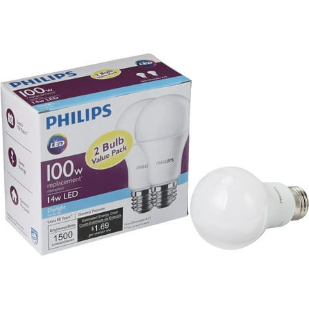 Philips LED 14W (100 Watt Equivalent) Daylight Standard A19 Light Bulb, 2 (Best Price Philips Led Bulbs)