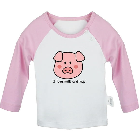 I Love Milk And Nap Funny T shirt For Baby, Newborn Babies Animal Pig T-shirts, Infant Tops, 0-24M Kids Graphic Tees Clothing (Long Pink Raglan T-shirt, 0-6 Months)