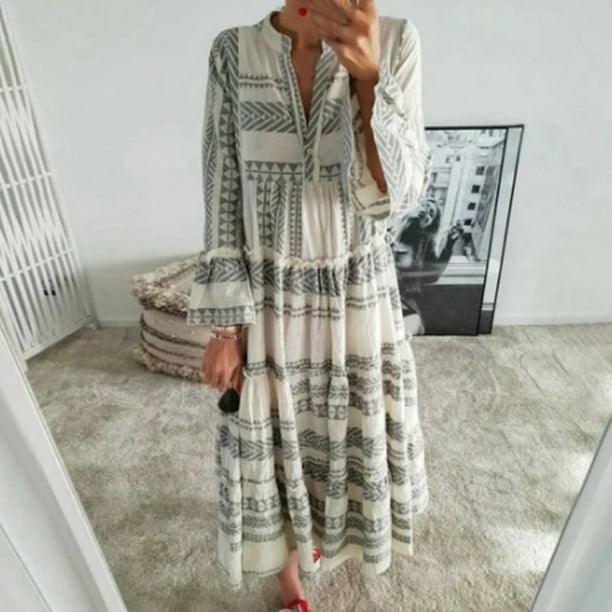 WILLBEST Vestidos Casuales para Mujer Verano Bohemio Estampado Geométrico A Rayas Maxi Vestido con Mangas Largas para Mujer Sexy Playa Casual Chica