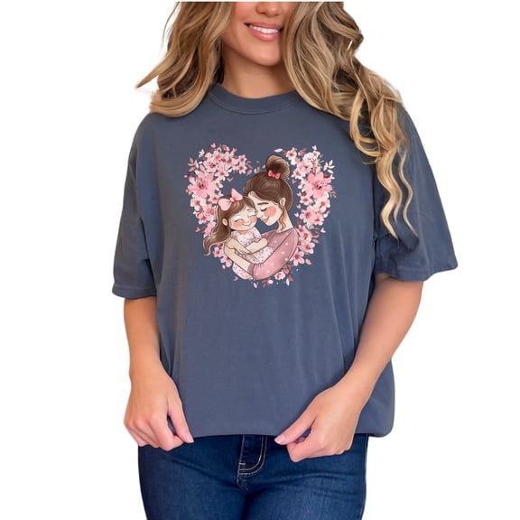 Cute Mother Daughter Hug T Shirt, Heart Shaped Floral Design Tee, Matching Family Shirts, Perfect Gift for Moms, Adorable Graphic Tee, Denim Comfort Colors T-Shirt, Small