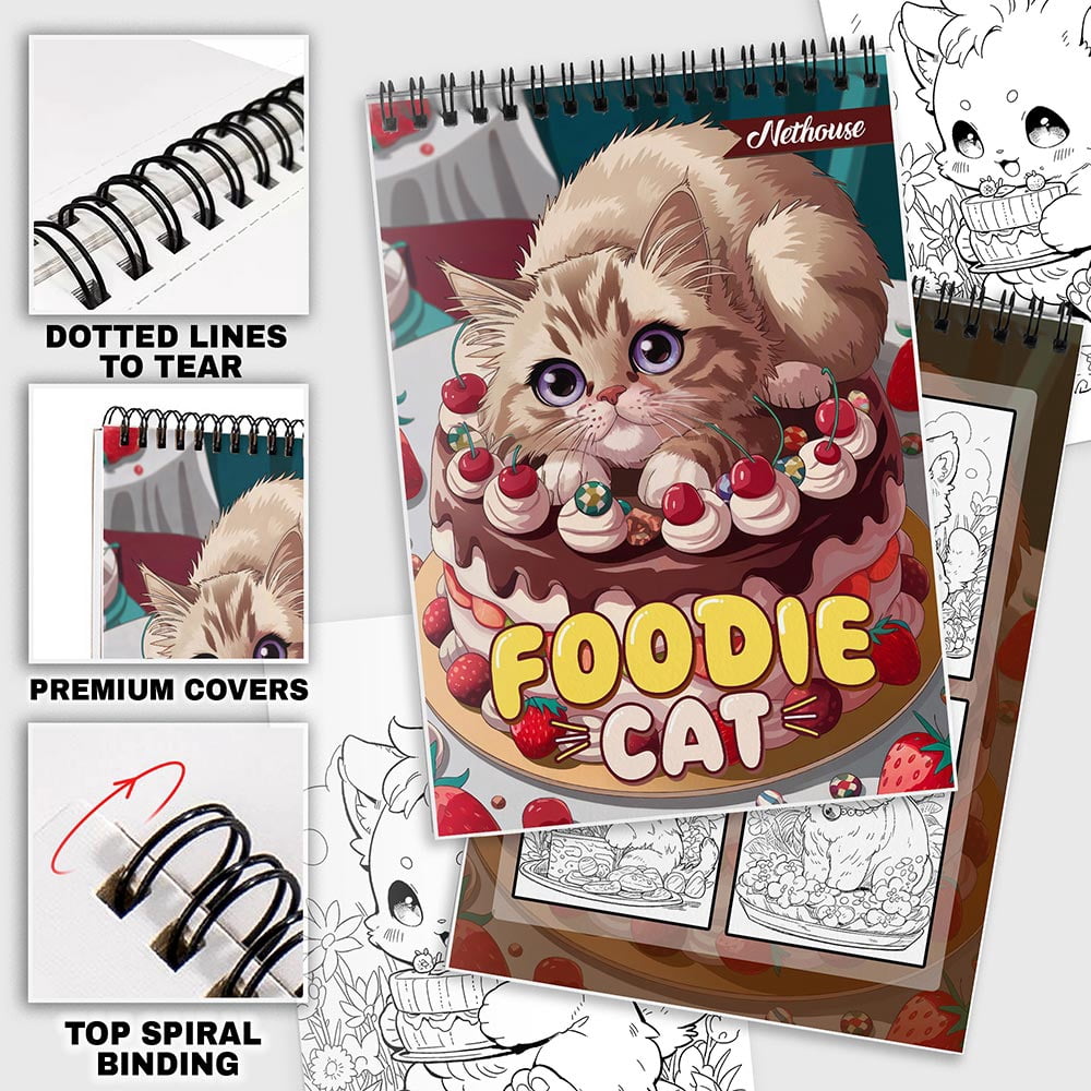 NETHOUSE Foodie Cat Coloring Book For Adults Relaxation & Stress Relief, 30 Coloring Pages Featuring Adorable Cats Enjoying Food, Playful Kitchen Scenes, Tasty Dishes, and Whimsical Culinary Moments