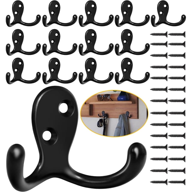 Gancho para pared gancho doble de metal negro resistente al óxido para toalla abrigo bolso sombrero llave