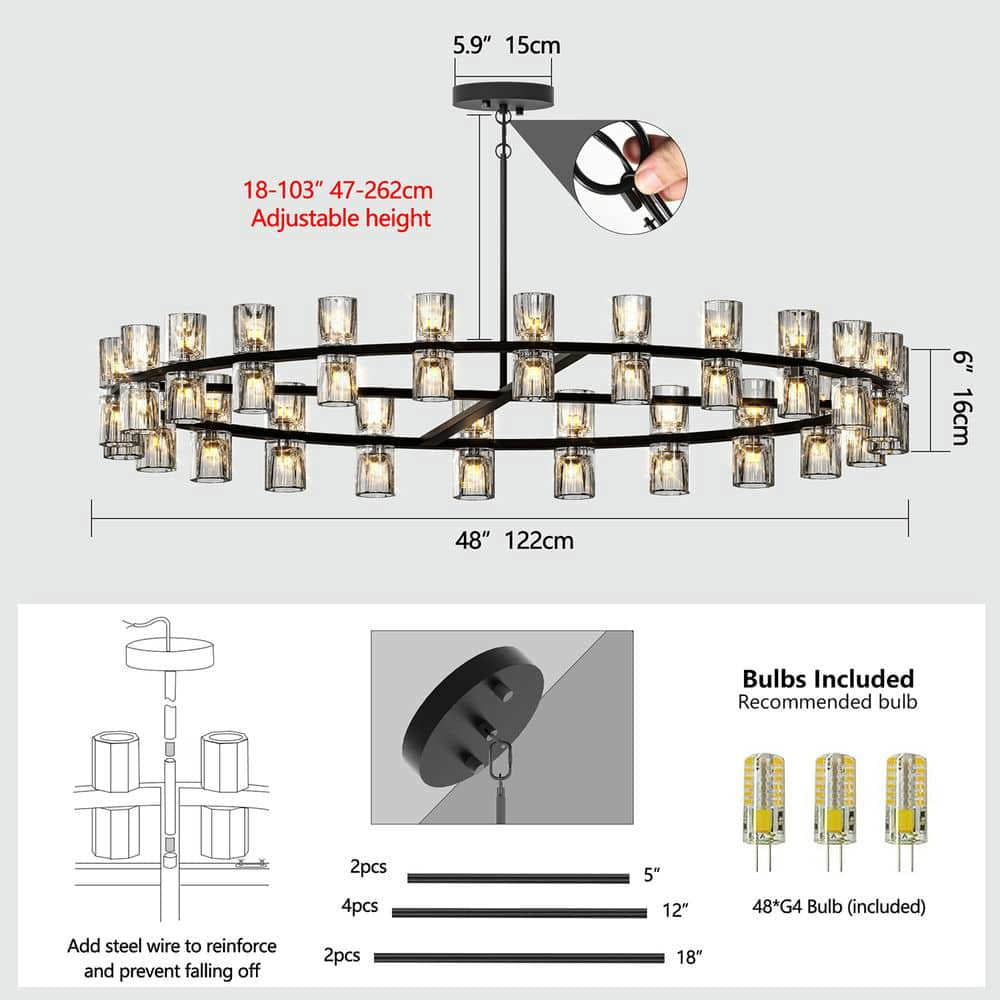 Spaco 48 Inches Luxury Chandeliers Crystal Includes Bulbs, Simple Decorative Lights, Modern LED Lighting for Indoor as Living Room, Dining Room, Black