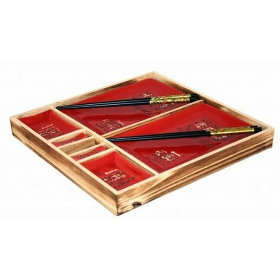 Contemporary Dinnerware 8 PCS Sushi Dinner Set For Two In Gift Box - Red with Calligraphy