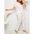 thumbnail image 3 of Conjunto De Pijamas Top De Manga Corta Patrón De Impresión Elegante Ropa De Dormir De Cuello Redondo Suelta Transpirable con Pantalones Largos Pájaro Blanco M, 3 of 6