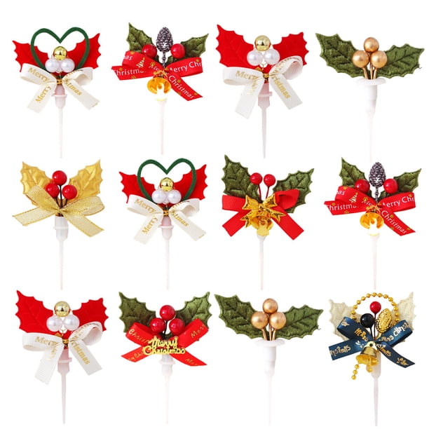 24 piezas de adornos para palillos de pastel de Navidad, corona de árbol de Navidad en 3D con adornos para cupcakes con lazo, decoración para fiestas (patrón aleatorio)