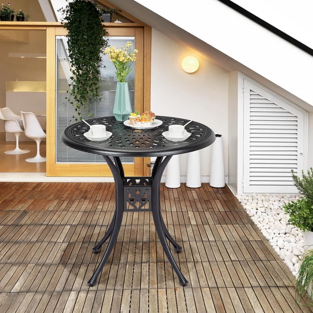 Table de Salle à Manger de Patio en Métal Yiwa pour l'Extérieur, Design Rond en Aluminium Coulé avec Trou pour Parasol, Résistant à la Rouille pour Véranda Ou Jardin