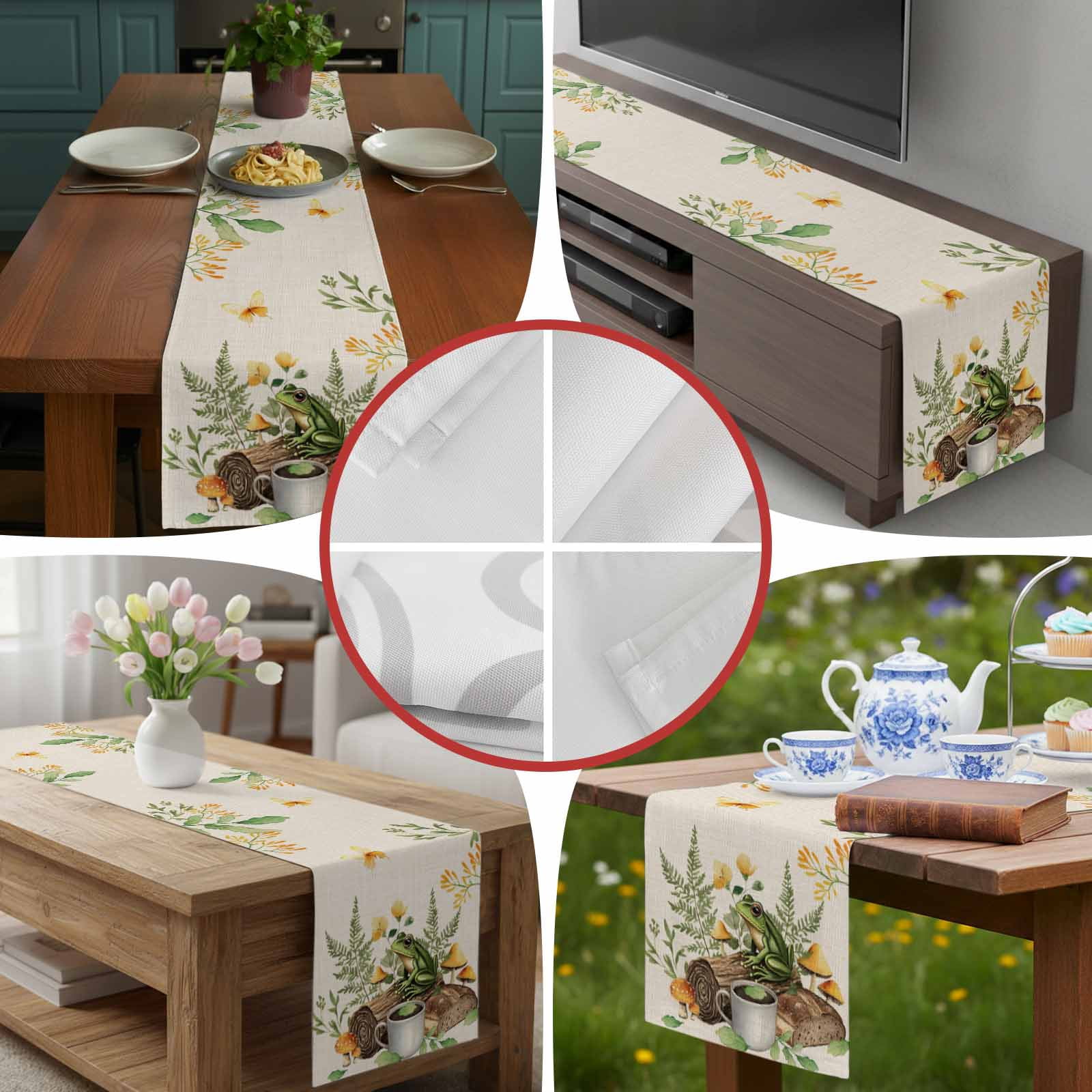 Pastoral Coffee Frog Mushroom Table Runner 90 Inches Long, Retro Bread on Linen Table Runners Tabletop Scarf Kitchen Dining Tables Decoration for Home Party Indoor Outdoor