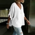 thumbnail image 3 of ZGRBOU Cotton Linen Shirts for Women Fasion V Neck Ruffled Half Sleeve Tops Summer Casual Loose Comfy Blouses, 3 of 6